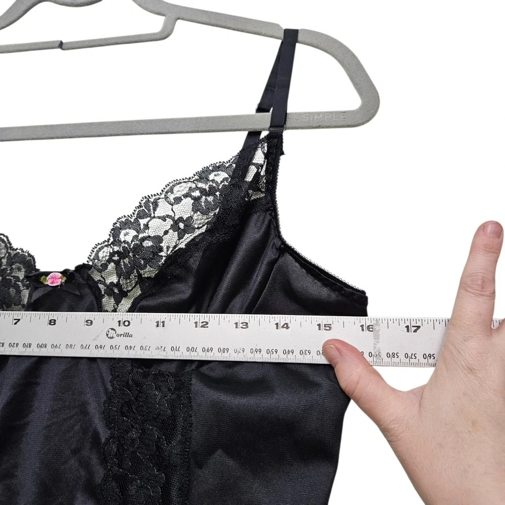 Vintage‎ 90 Camisole L Black Satin Lace Rosette Lingerie Layered Goth Whimsigoth - Picture 6 of 8